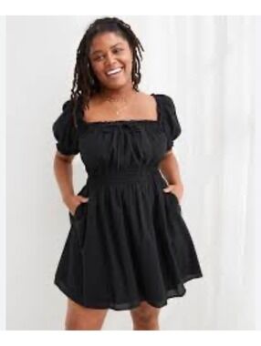 Aerie Puff Sleeve Mini Dress Black Large milkmaid